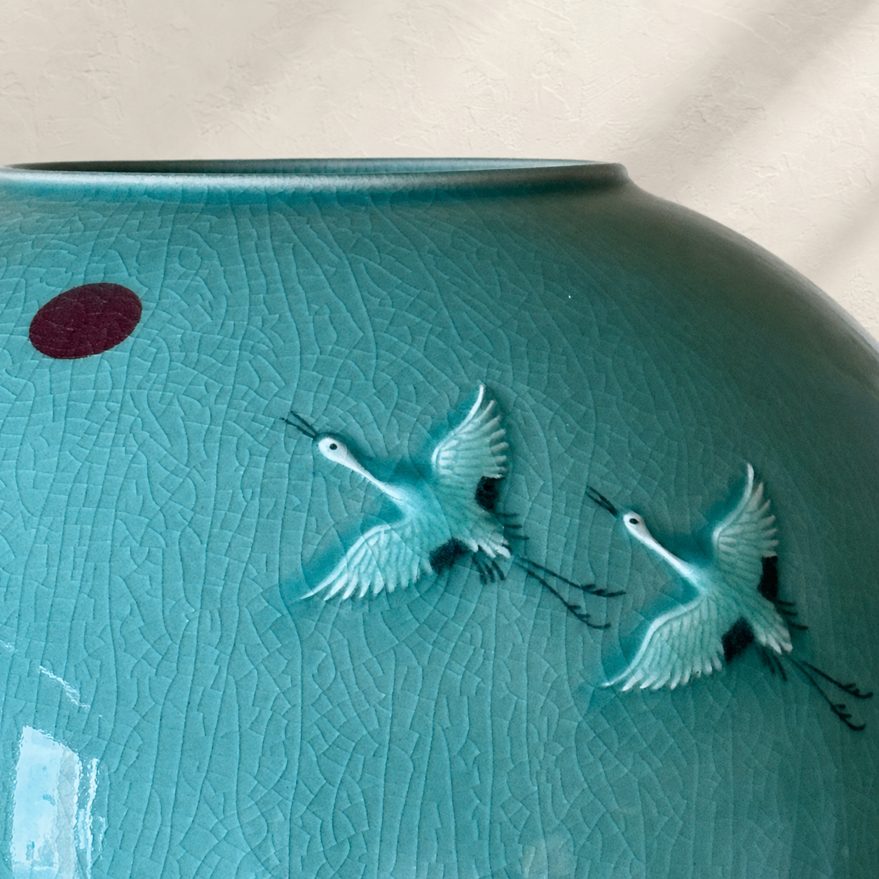 Celadon Vessel: Paired Cranes in Raised Relief with Red Sun, 2024