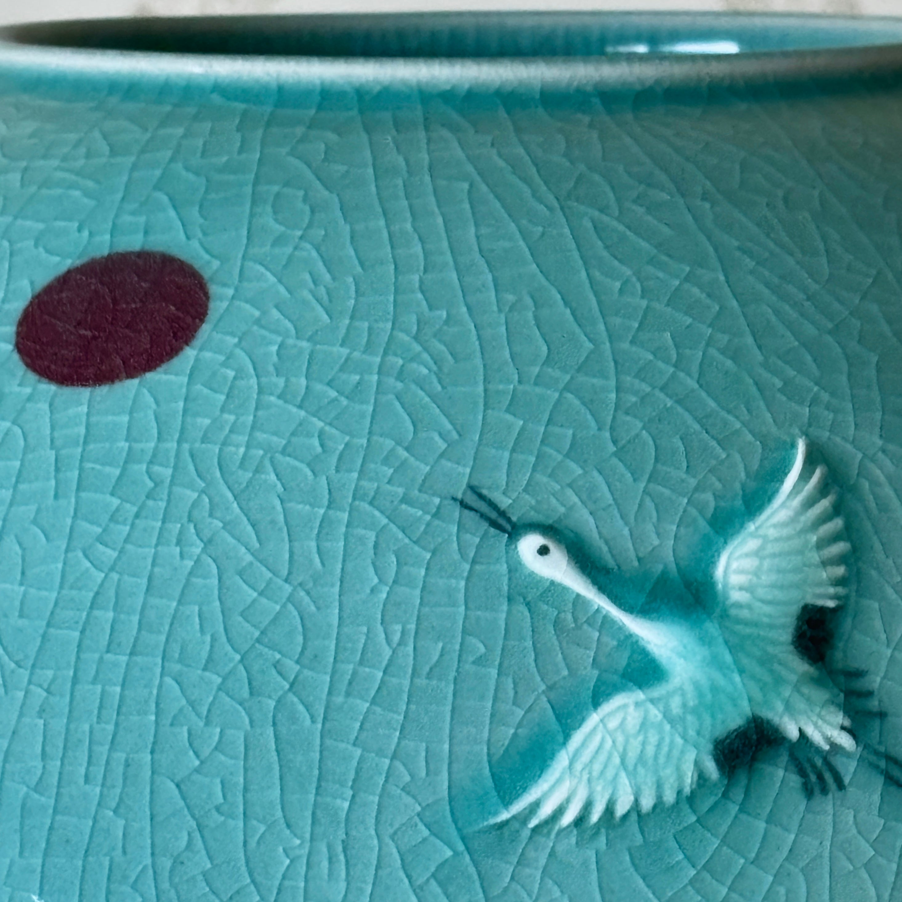 Celadon Vessel: Paired Cranes in Raised Relief with Red Sun, 2024