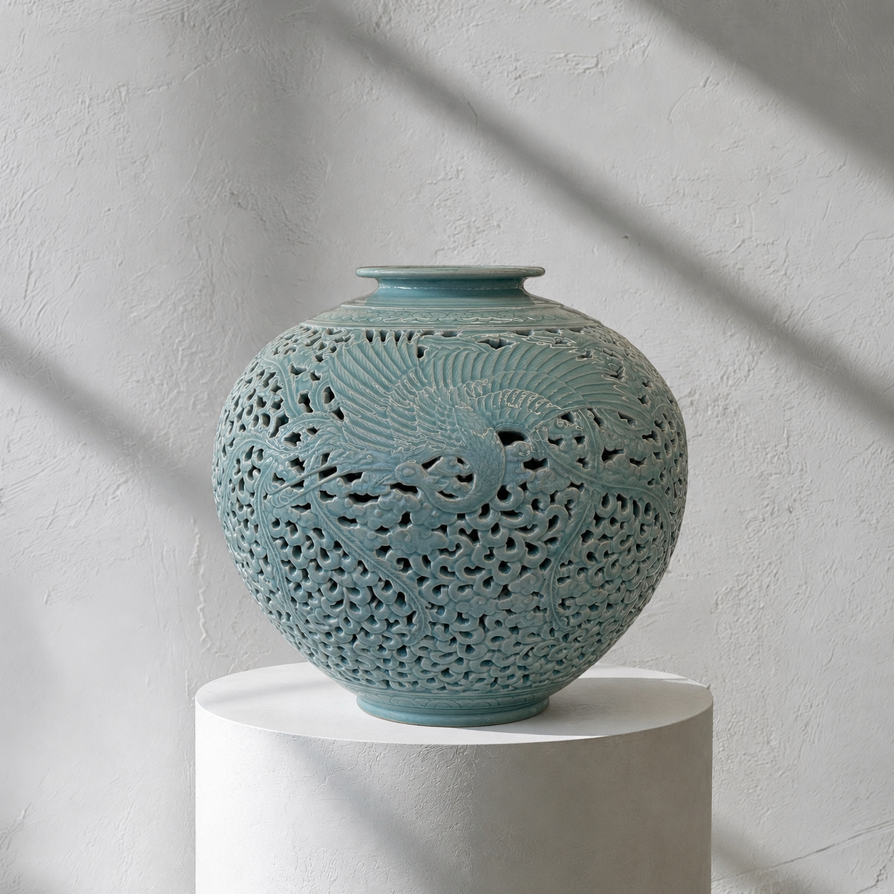 Doppelwandige durchbrochene Celadon-Flaschenvase: Chrysanthemenmotiv