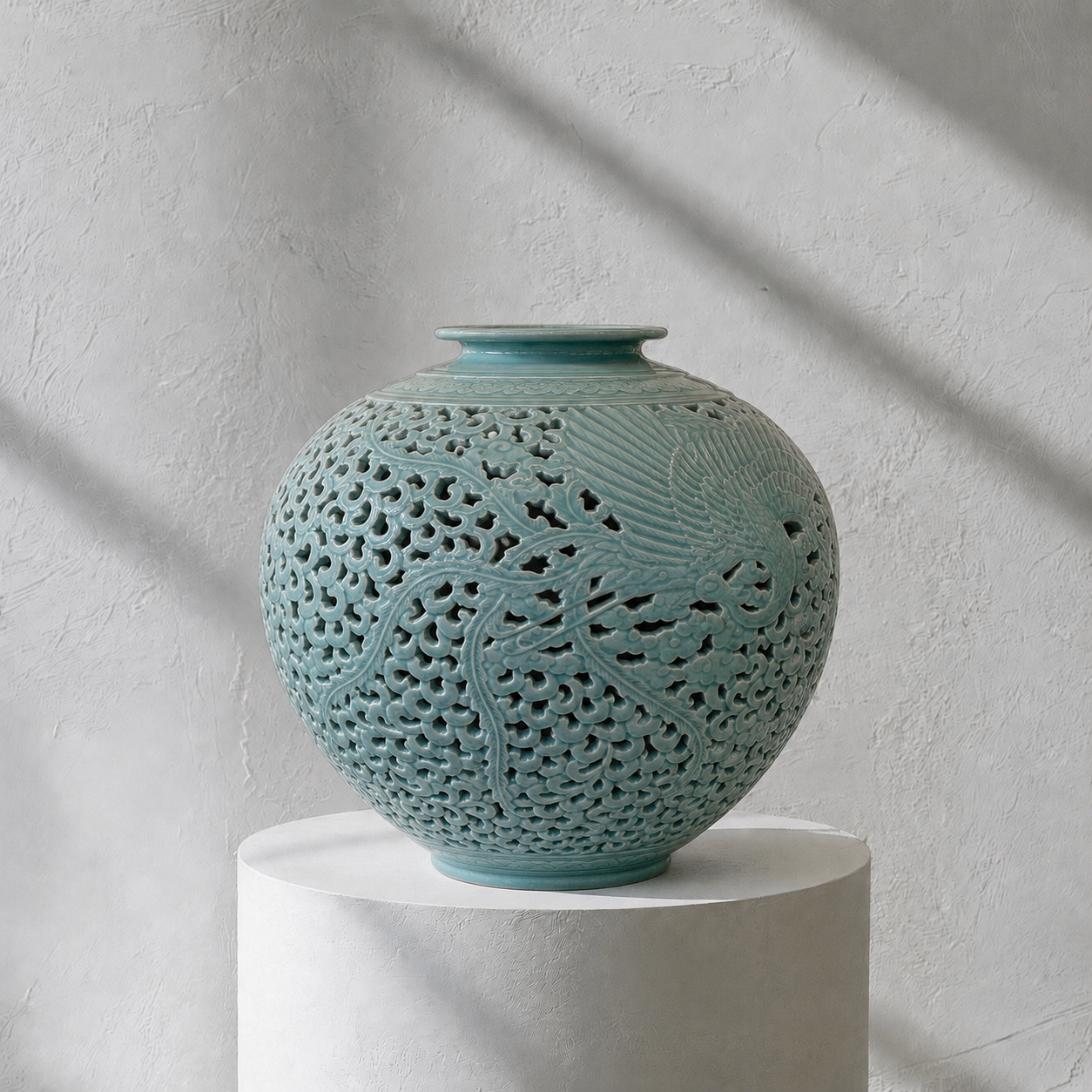 Doppelwandige durchbrochene Celadon-Flaschenvase: Chrysanthemenmotiv