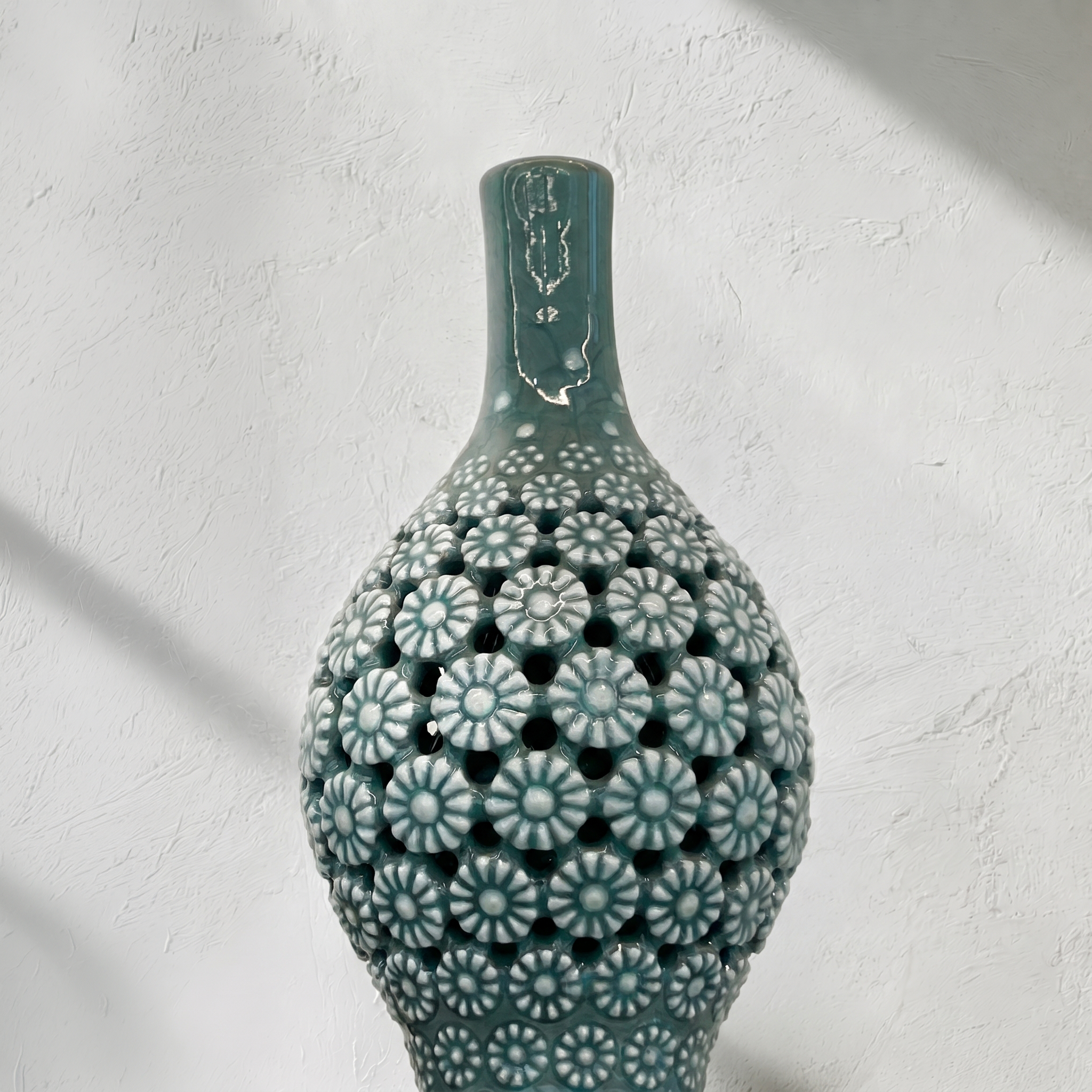 Celadon Double-Walled Openwork Gourd Vase: Chrysanthemum Motif