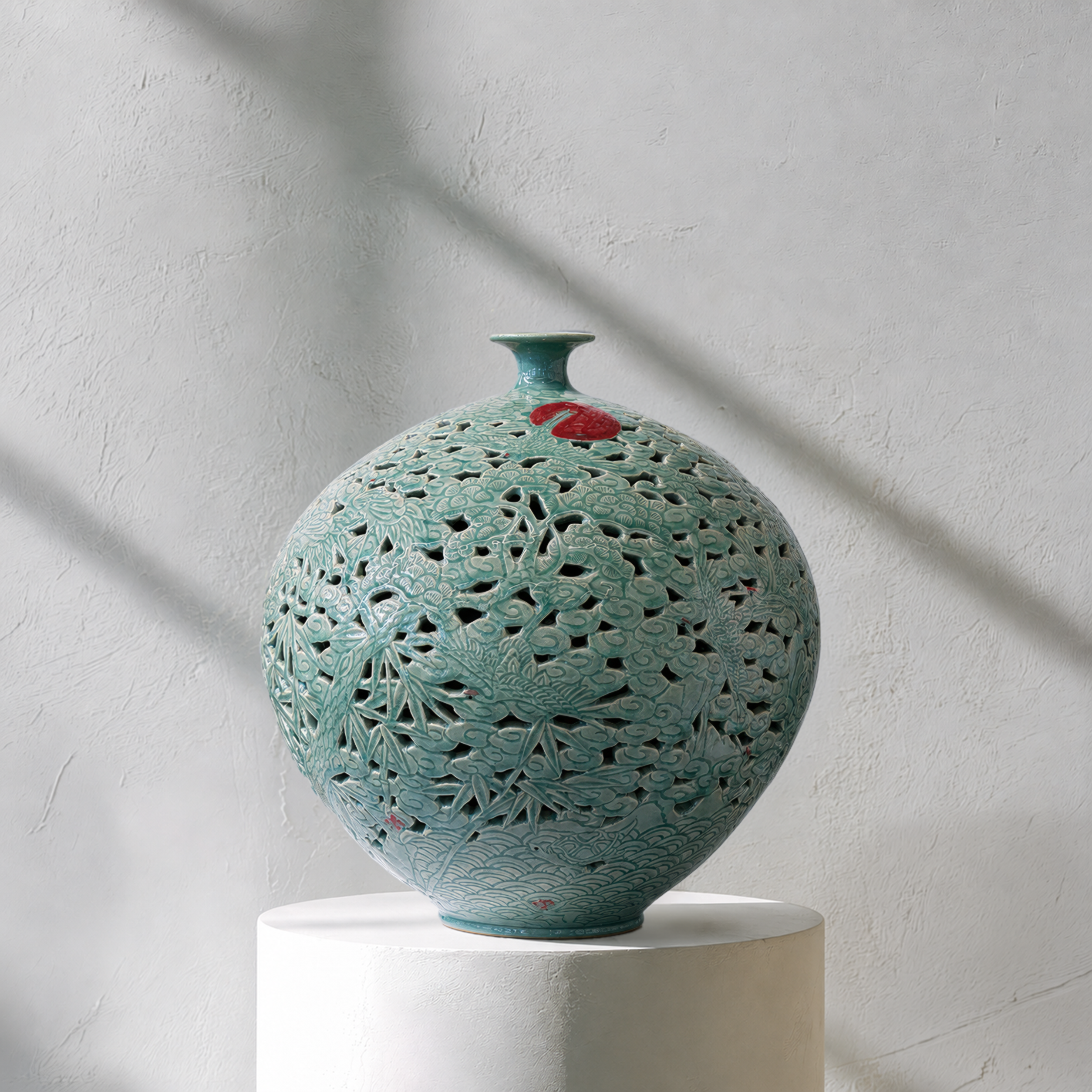 Doppelwandige durchbrochene Celadon-Flaschenvase: Chrysanthemenmotiv