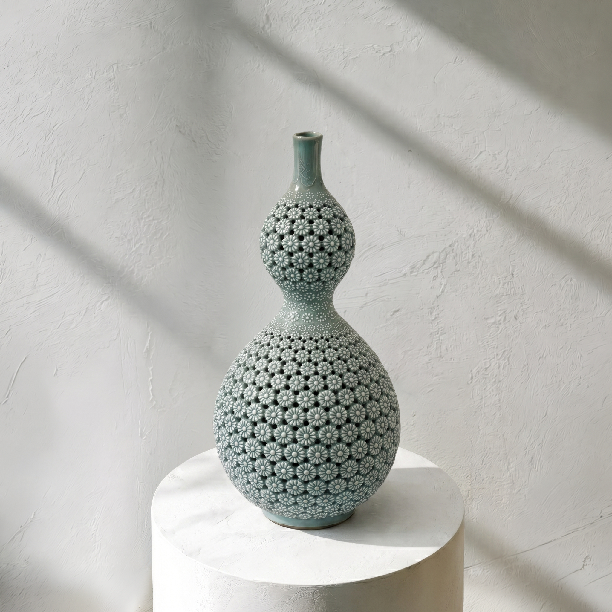 Celadon Double-Walled Openwork Gourd Vase: Chrysanthemum Motif