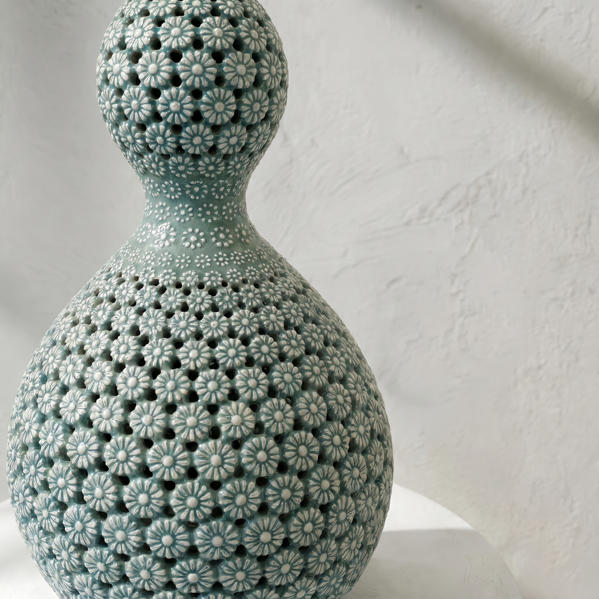 Celadon Double-Walled Openwork Gourd Vase: Chrysanthemum Motif