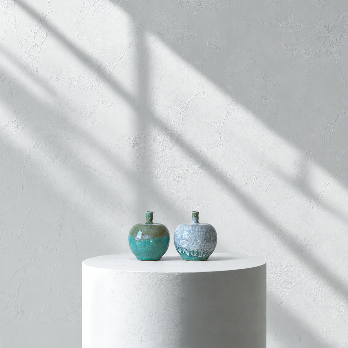 Celadon Apple-Form Vessel Pair: Double-Glazed Finish