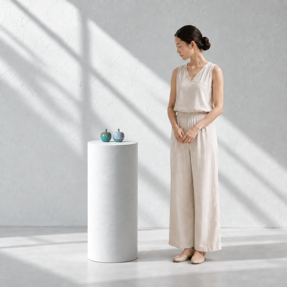 Celadon Apple-Form Vessel Pair: Double-Glazed Finish