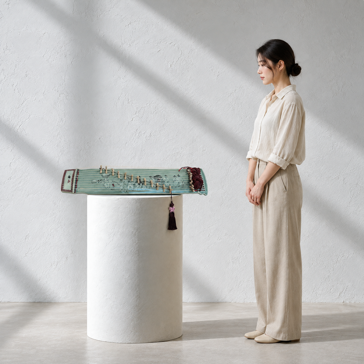 Celadon Sanjo Gayageum Sculpture: Inlaid Wedding Procession Motif