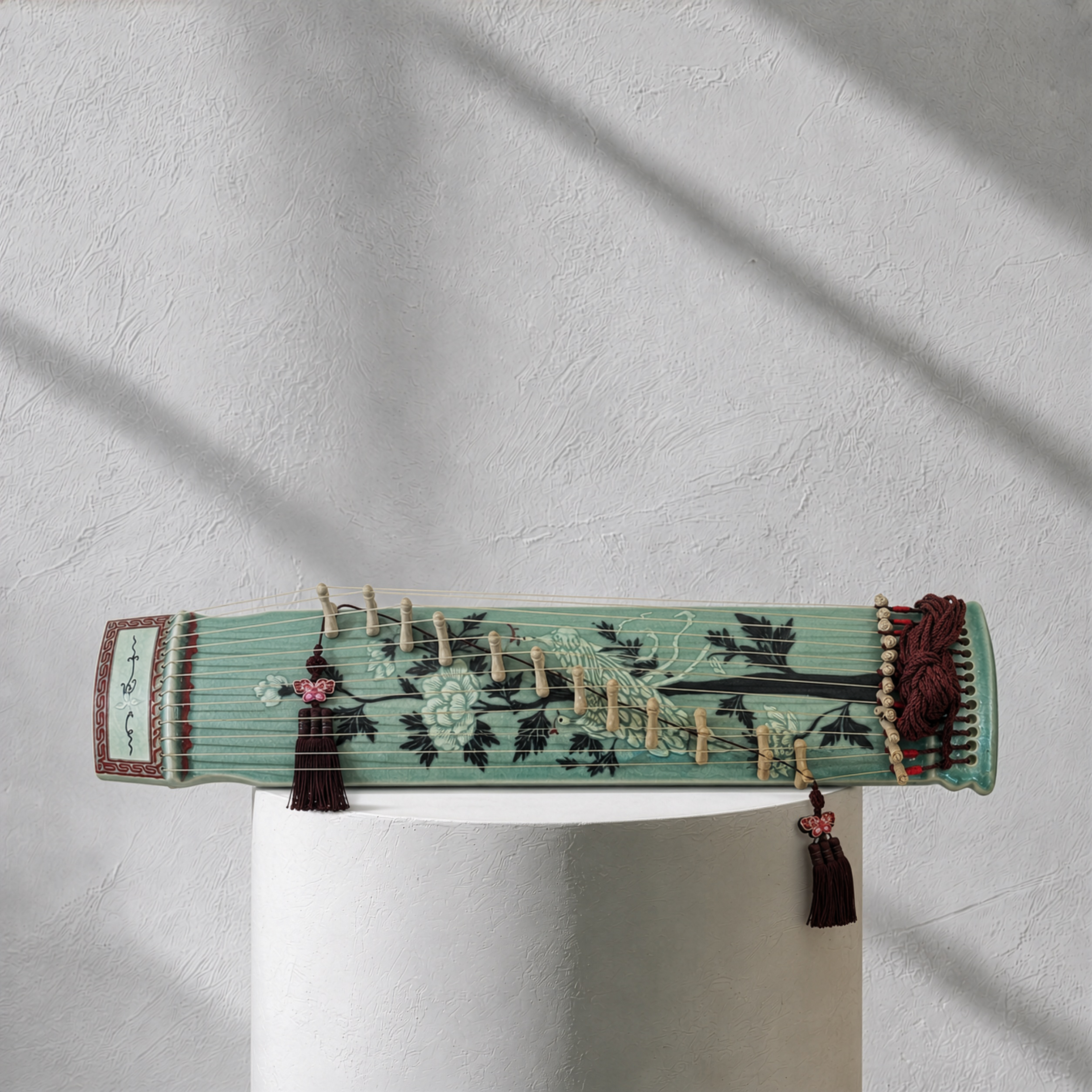 Celadon Sanjo Gayageum: eingelegtes Pfingstrosen- und Phönixmotiv