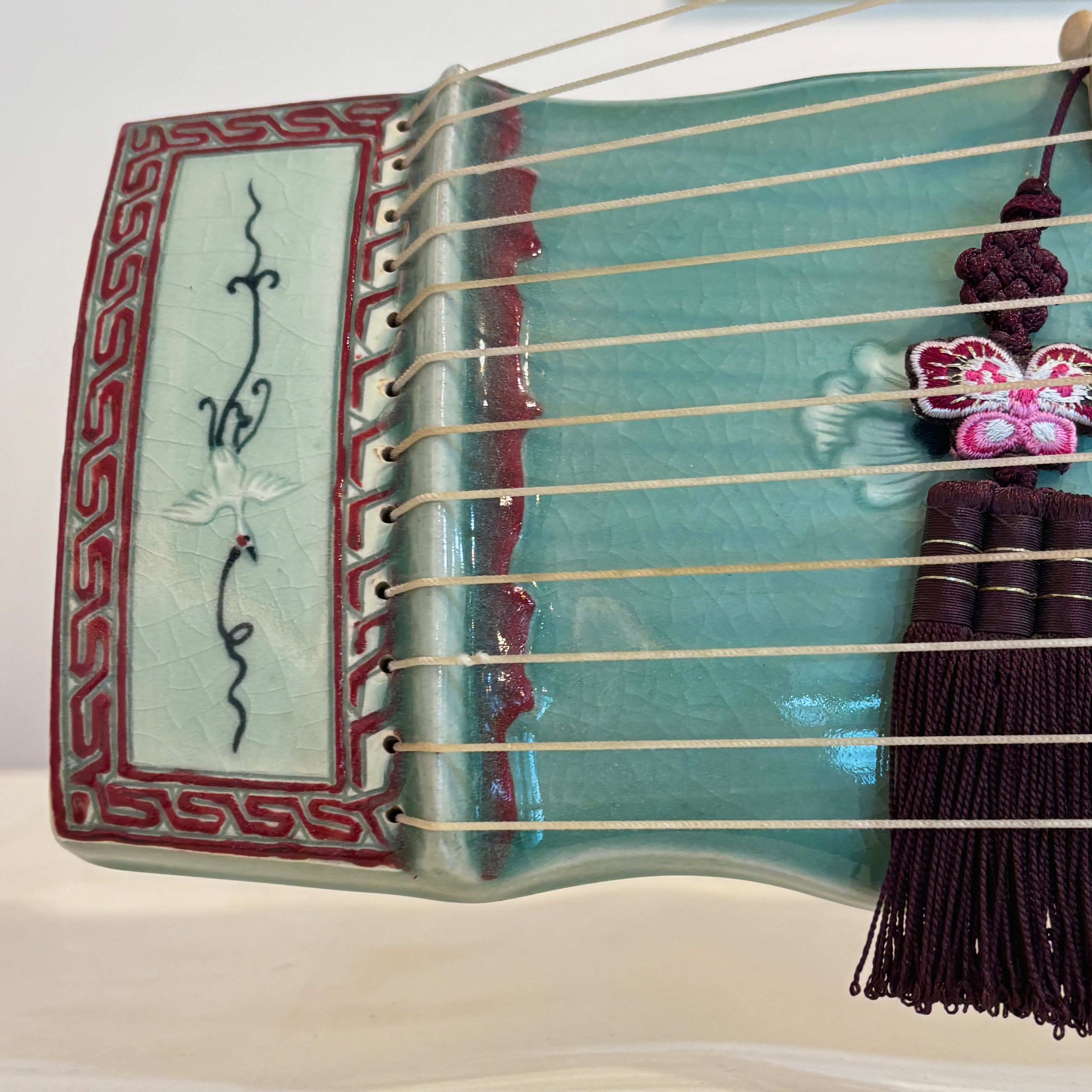 Celadon Sanjo Gayageum: Inlaid Peony and Phoenix Motif