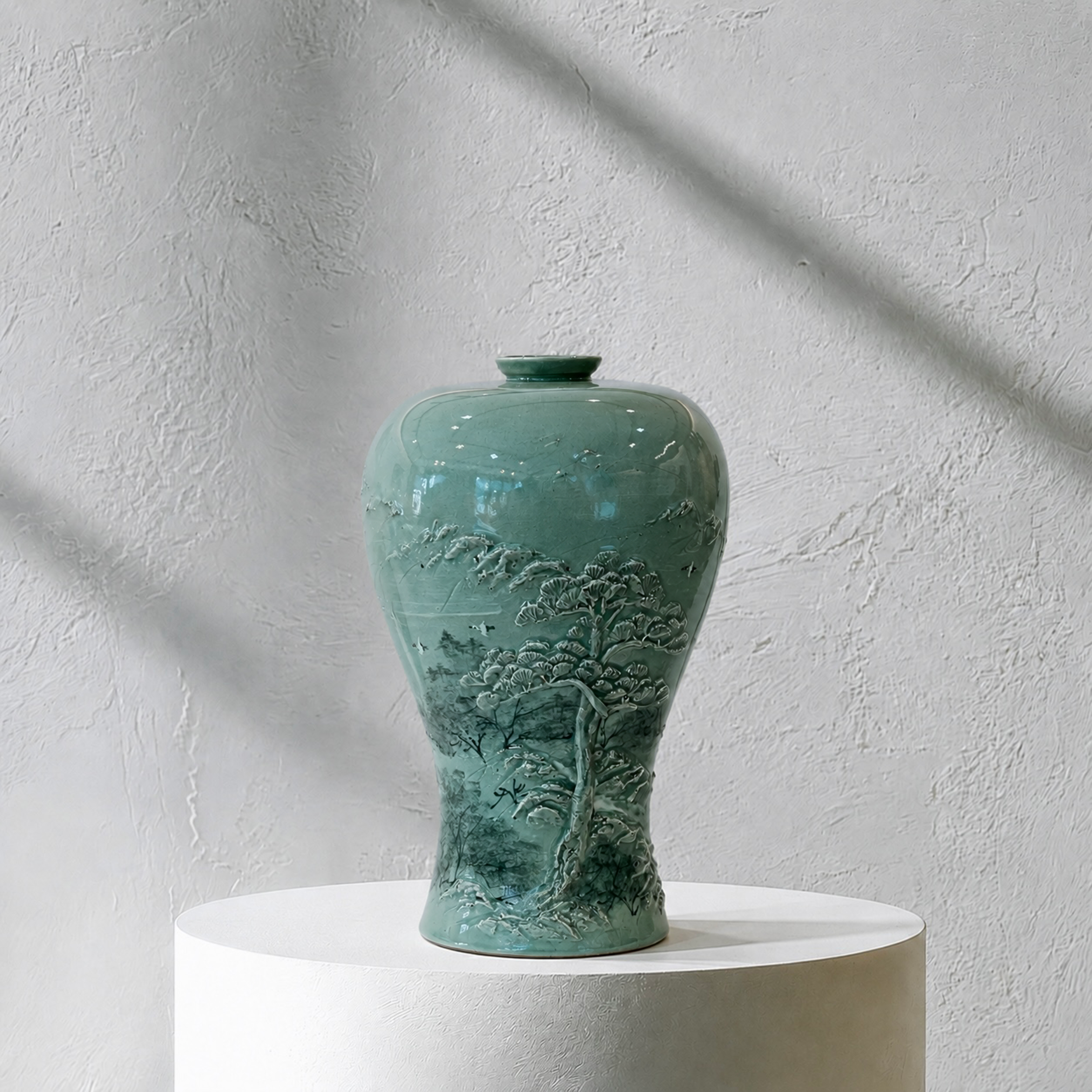 Celadon Maebyeong Vase: Applied Relief Pine-and-Crane Motif