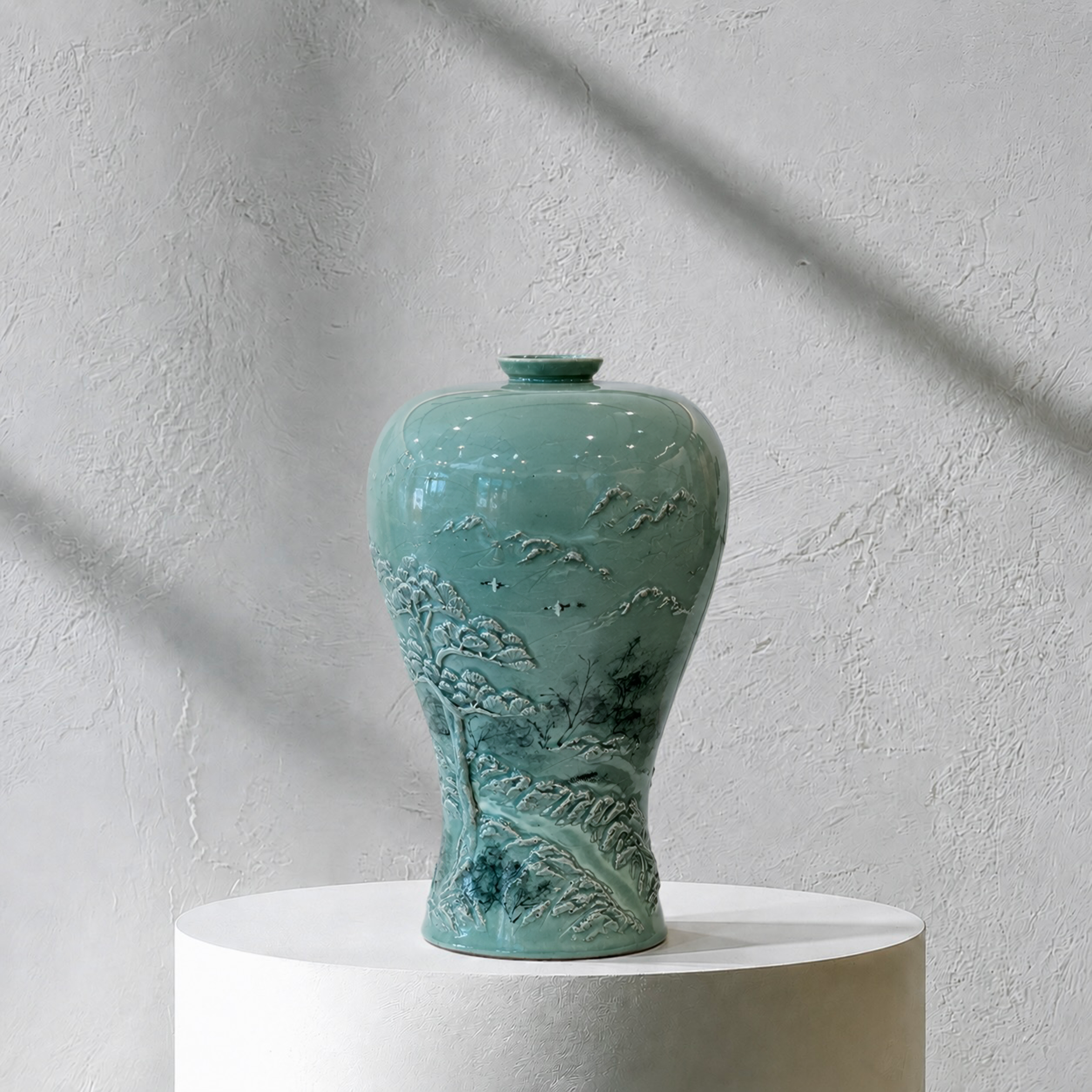 Celadon Maebyeong Vase: Applied Relief Pine-and-Crane Motif