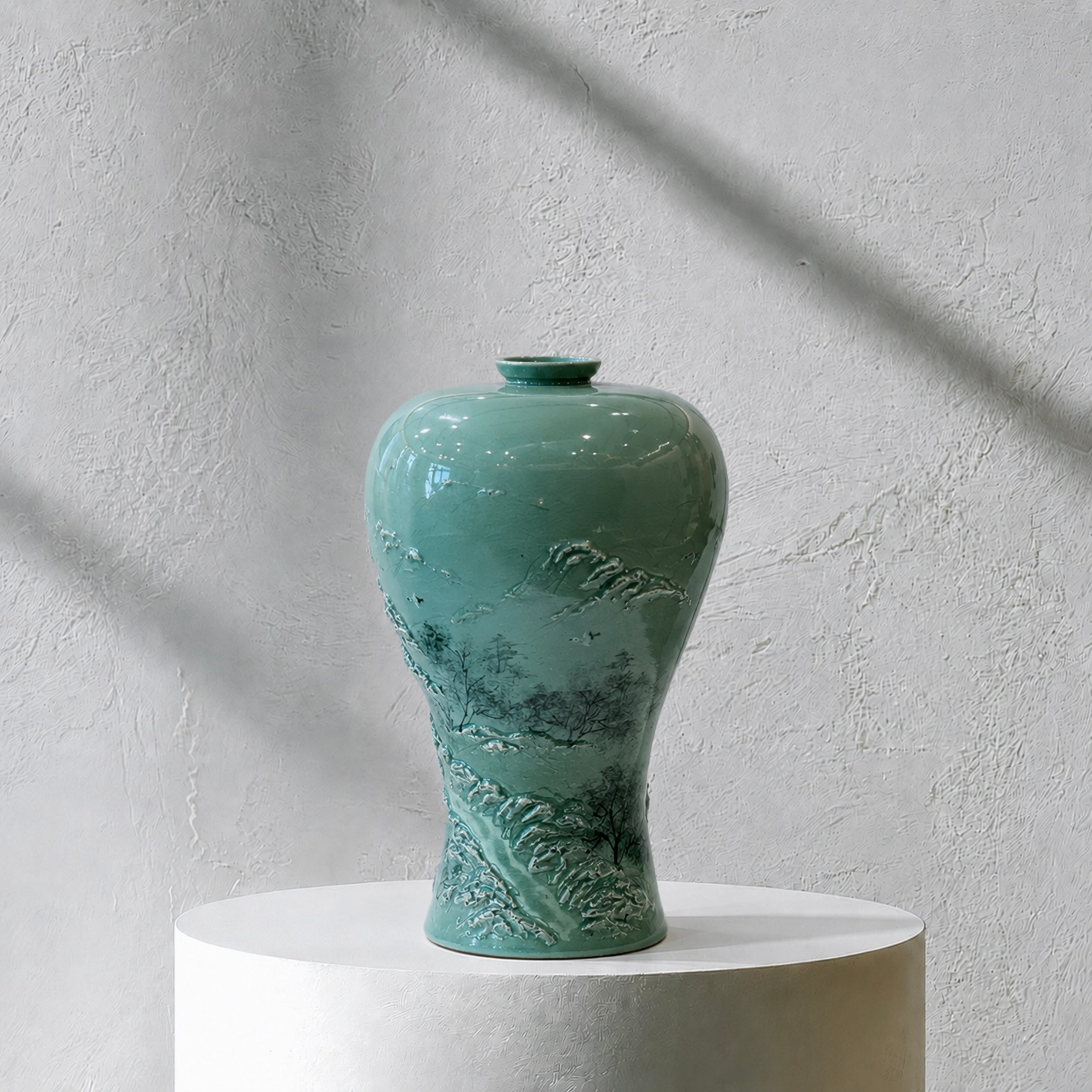 Celadon Maebyeong Vase: Applied Relief Pine-and-Crane Motif