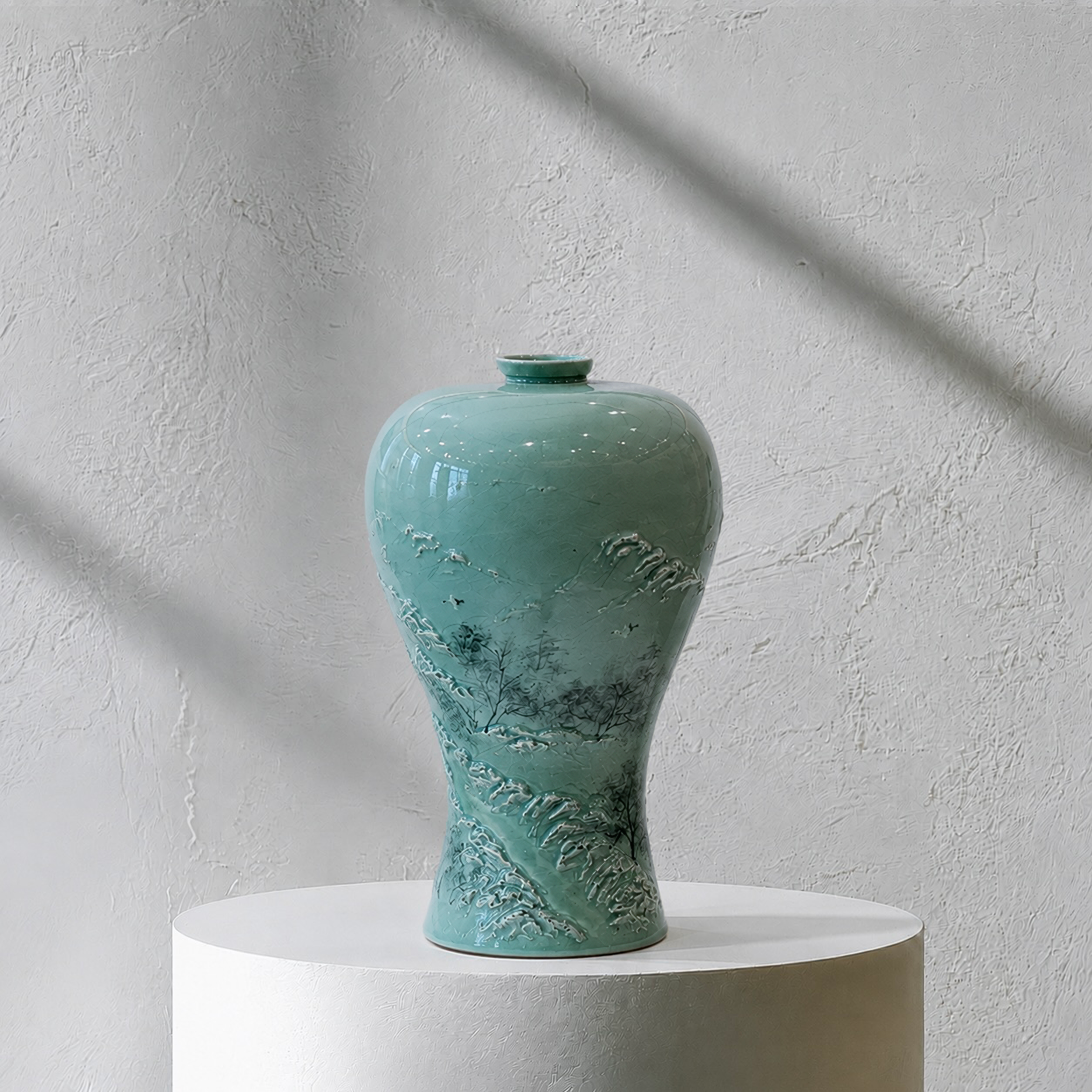 Celadon Maebyeong Vase: Applied Relief Pine-and-Crane Motif