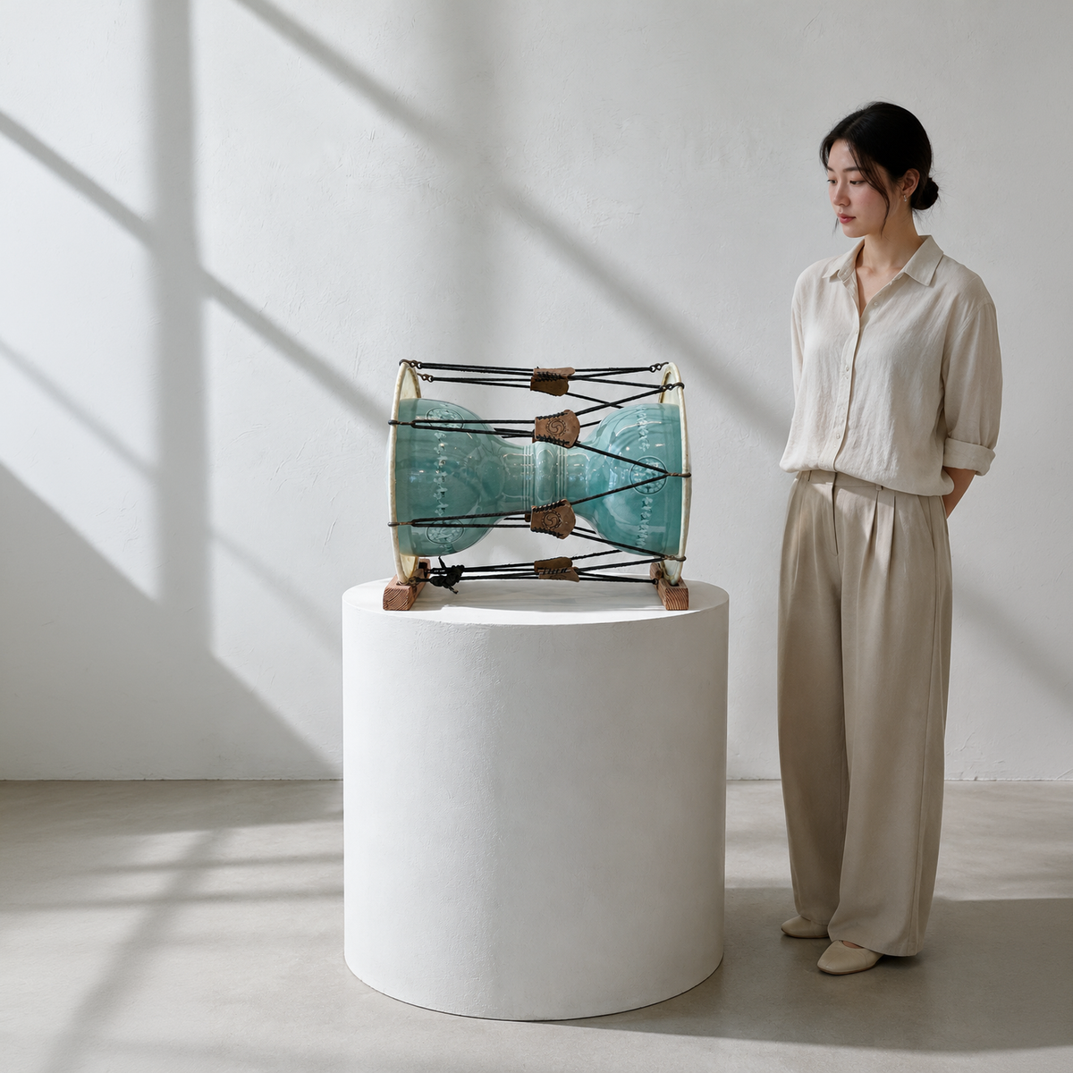 Celadon Janggu (Hourglass Drum): Inlaid Cloud-and-Crane Motif
