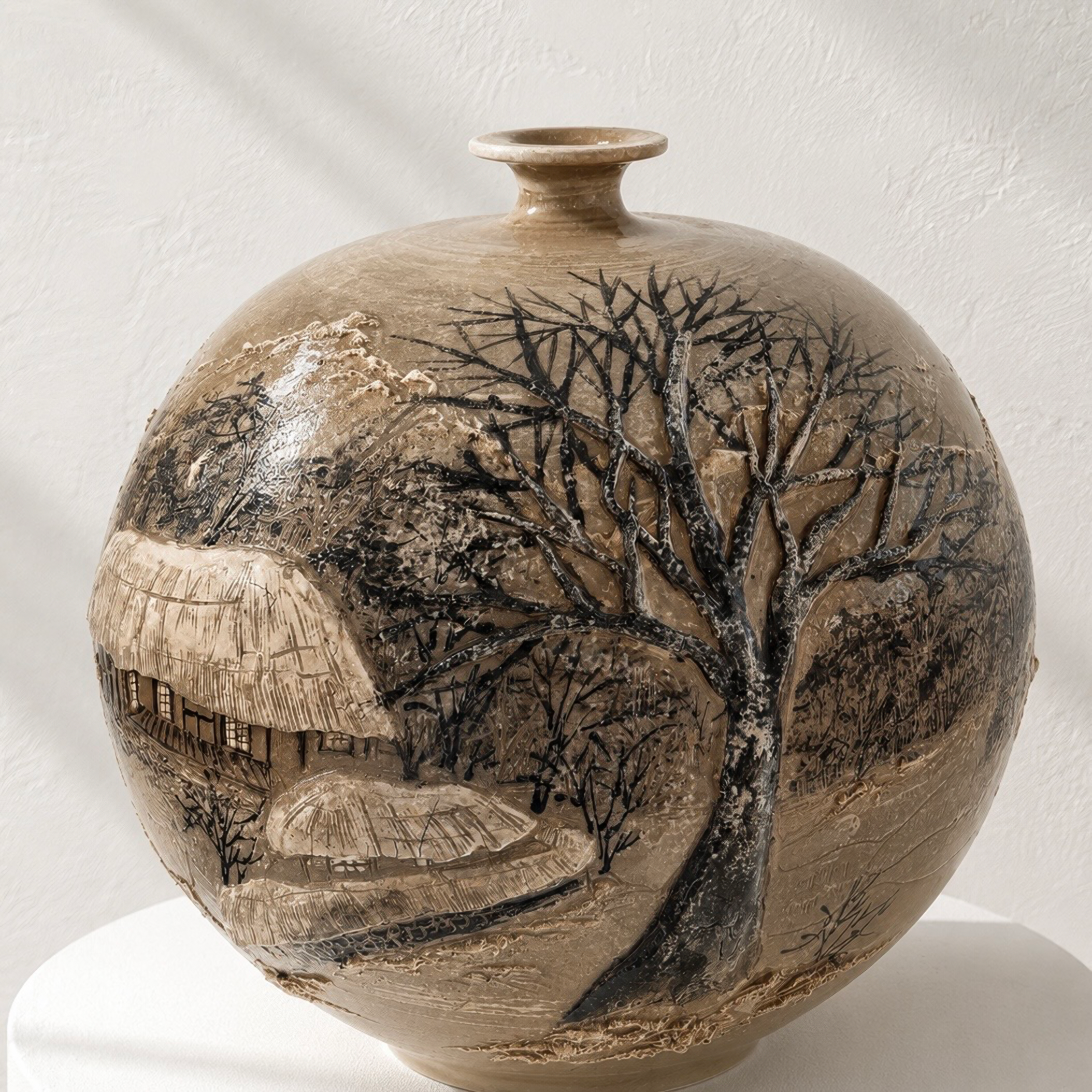 Buncheong Vessel (Ho): Thatched-House Landscape in Applied Relief, 2023