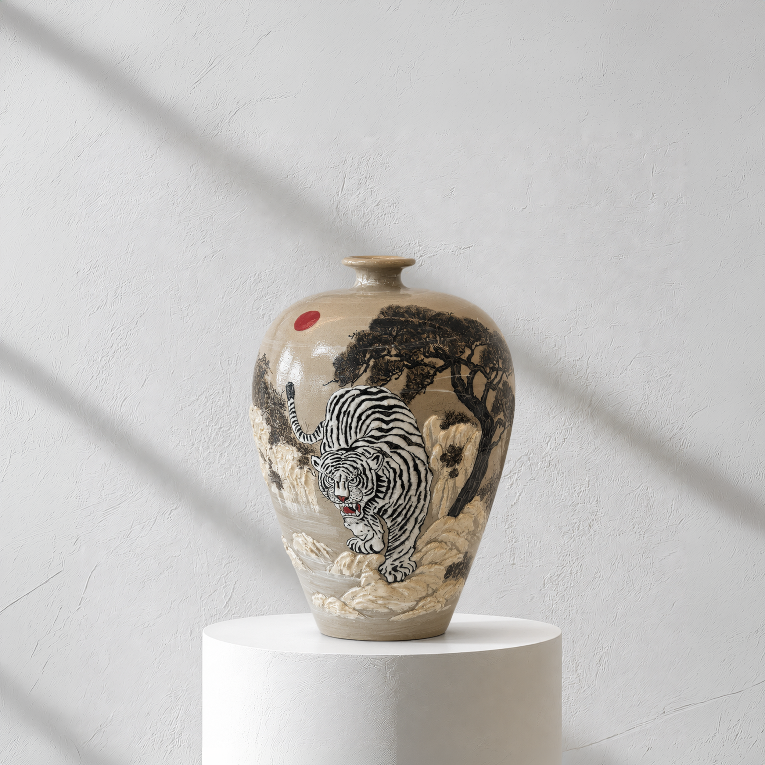 Buncheong Vessel: Tiger and Landscape Motif in Applied Relief, 2025