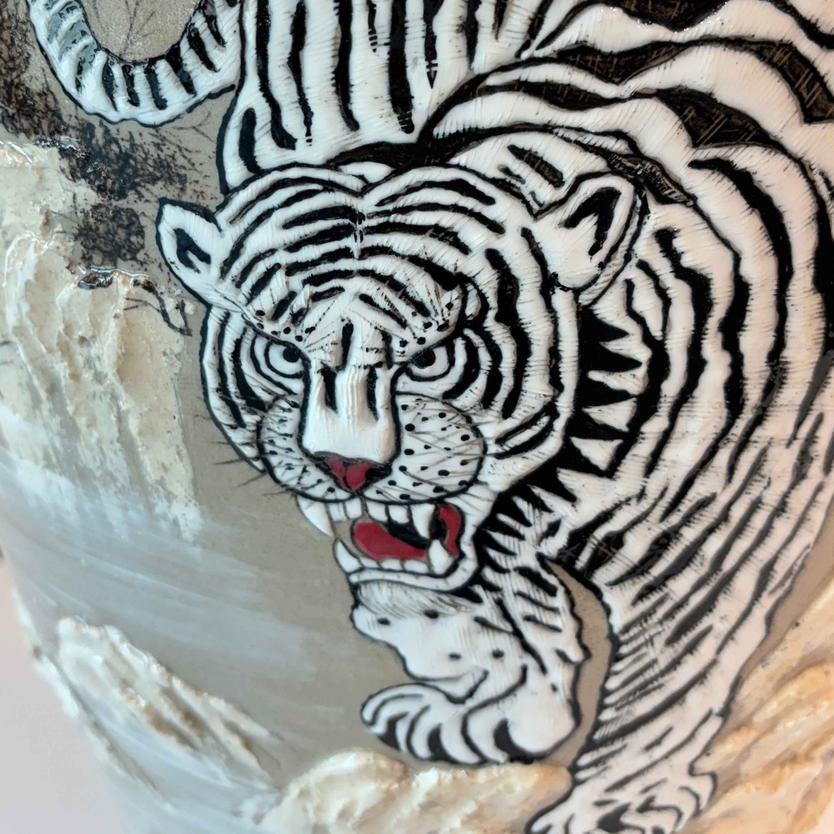 Buncheong Vessel: Tiger and Landscape Motif in Applied Relief, 2025