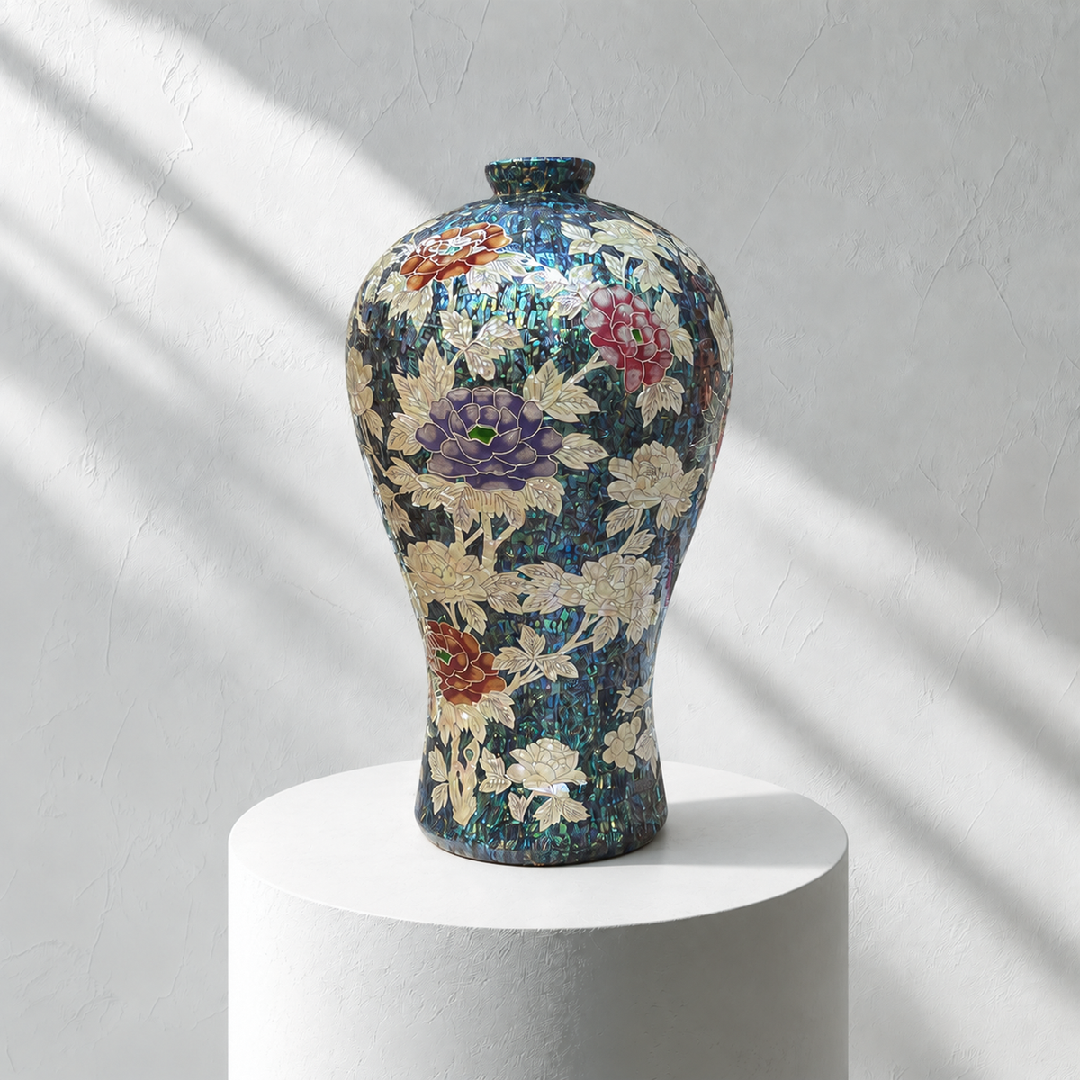 Mother-of-Pearl Maebyeong: Grape and Peony Motifs in Fragmented Abalone Ground