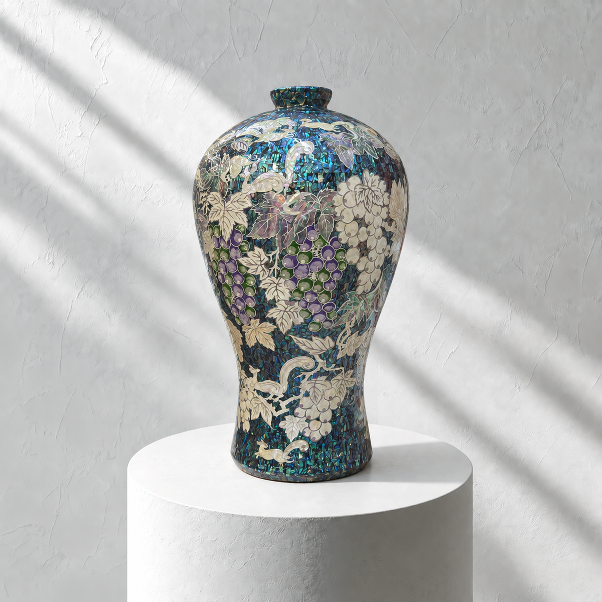 Mother-of-Pearl Maebyeong: Grape and Peony Motifs in Fragmented Abalone Ground
