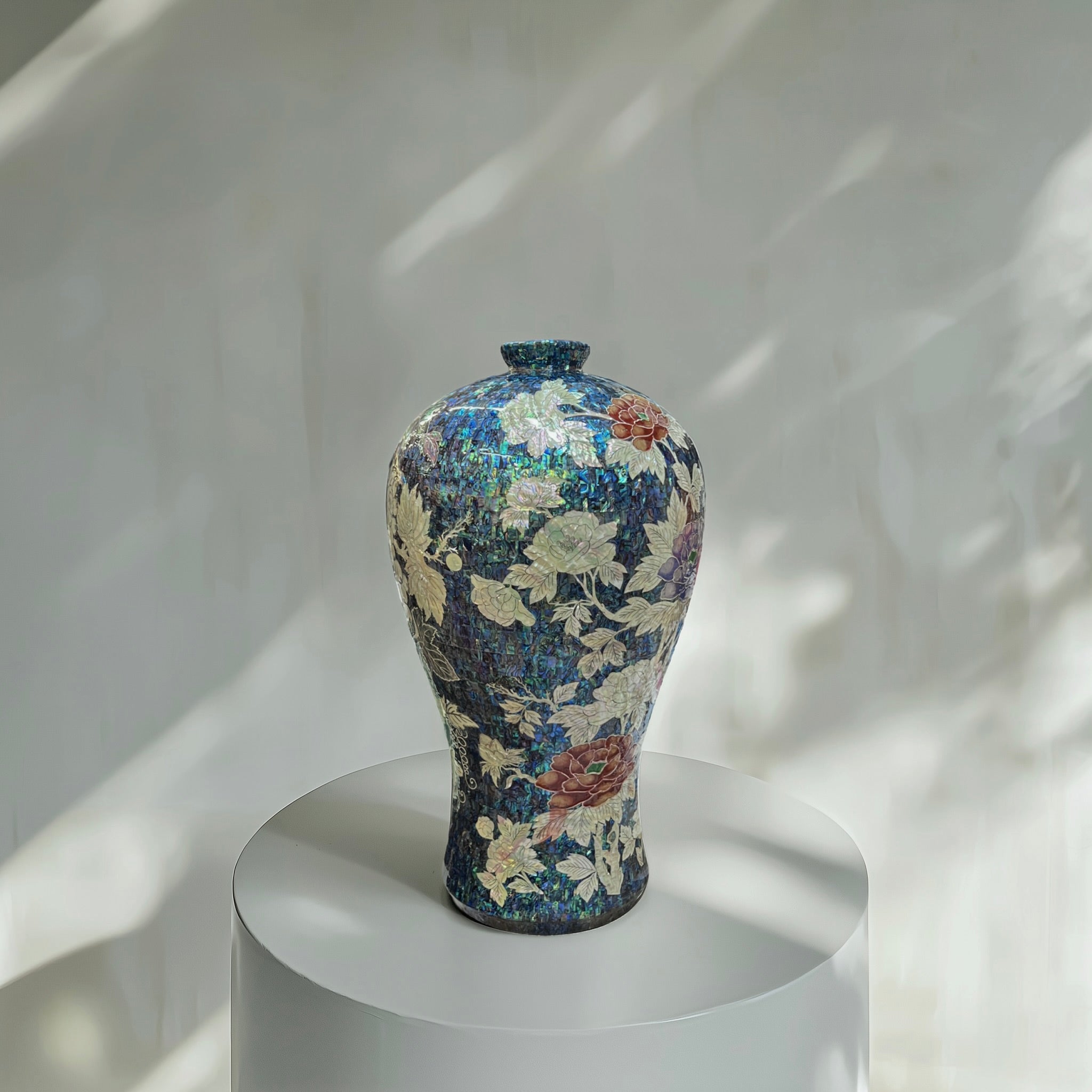 Grand Scale Mother of Pearl Vase with Grape and Peony Motif