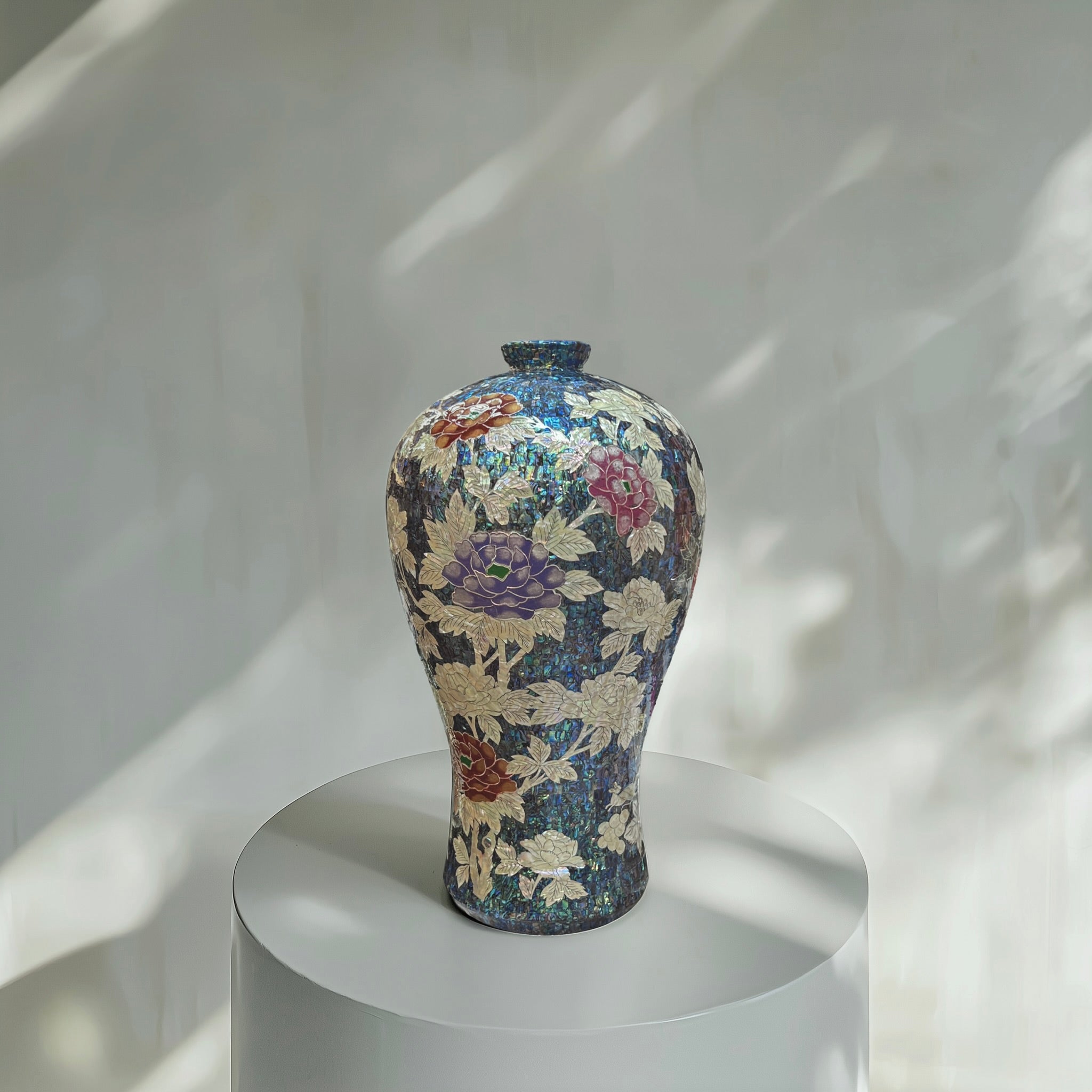 Grand Scale Mother of Pearl Vase with Grape and Peony Motif