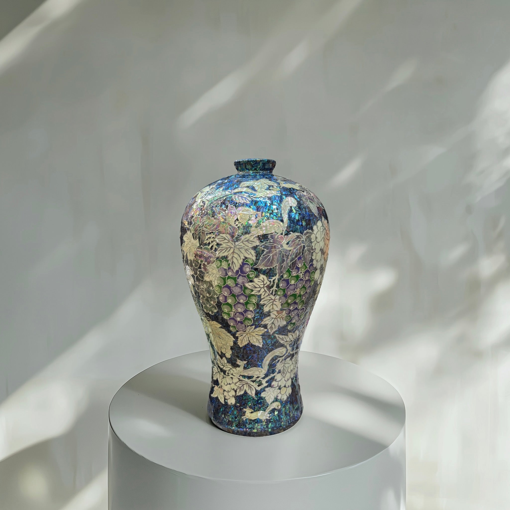 Grand Scale Mother of Pearl Vase with Grape and Peony Motif