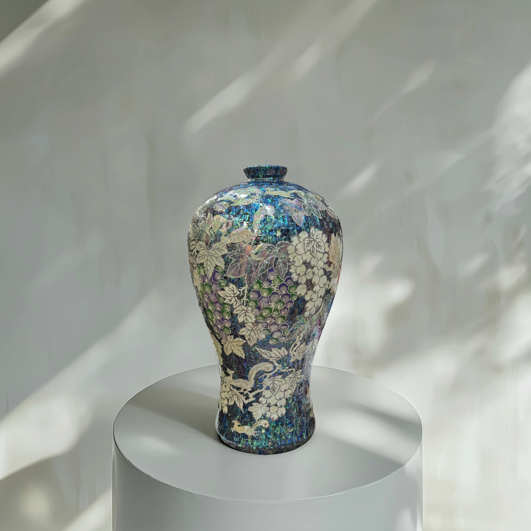 Grand Scale Mother of Pearl Vase with Grape and Peony Motif