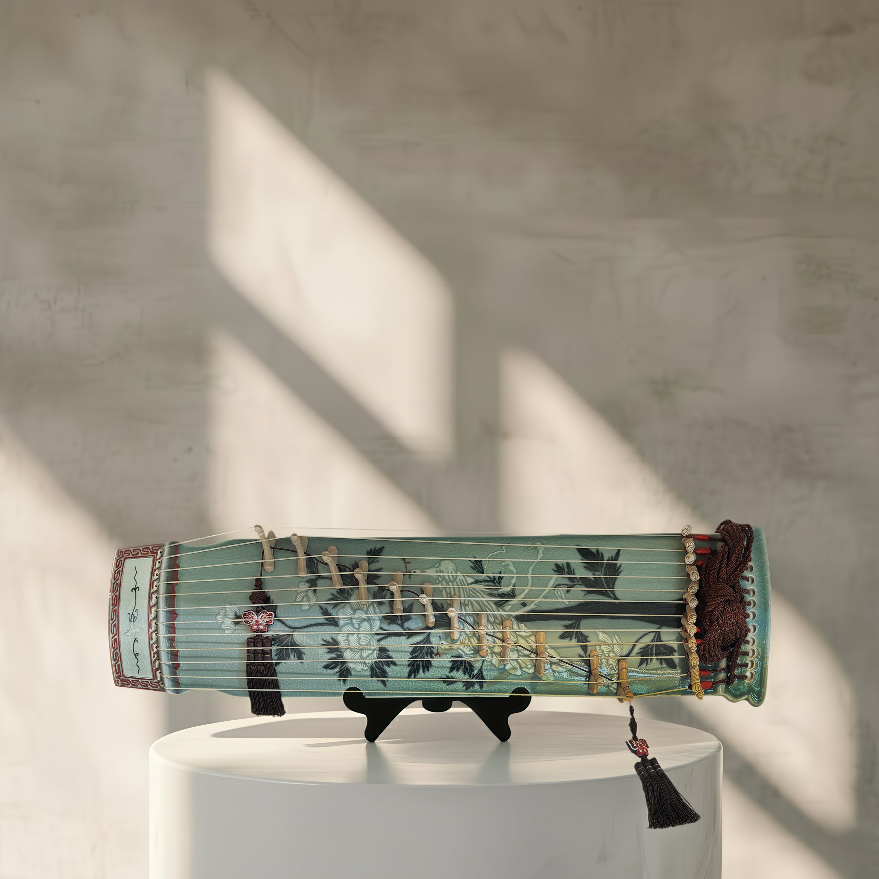 Celadon Gayageum with Inlaid Peony and Phoenix Motif